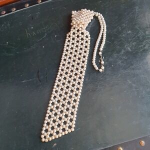 Vintage Faux Pearl Large Beaded Statement Necktie Necklace Asymmetrical